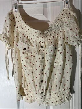 Ivory Off-Shoulder Polka Dot Button-Front Blouse